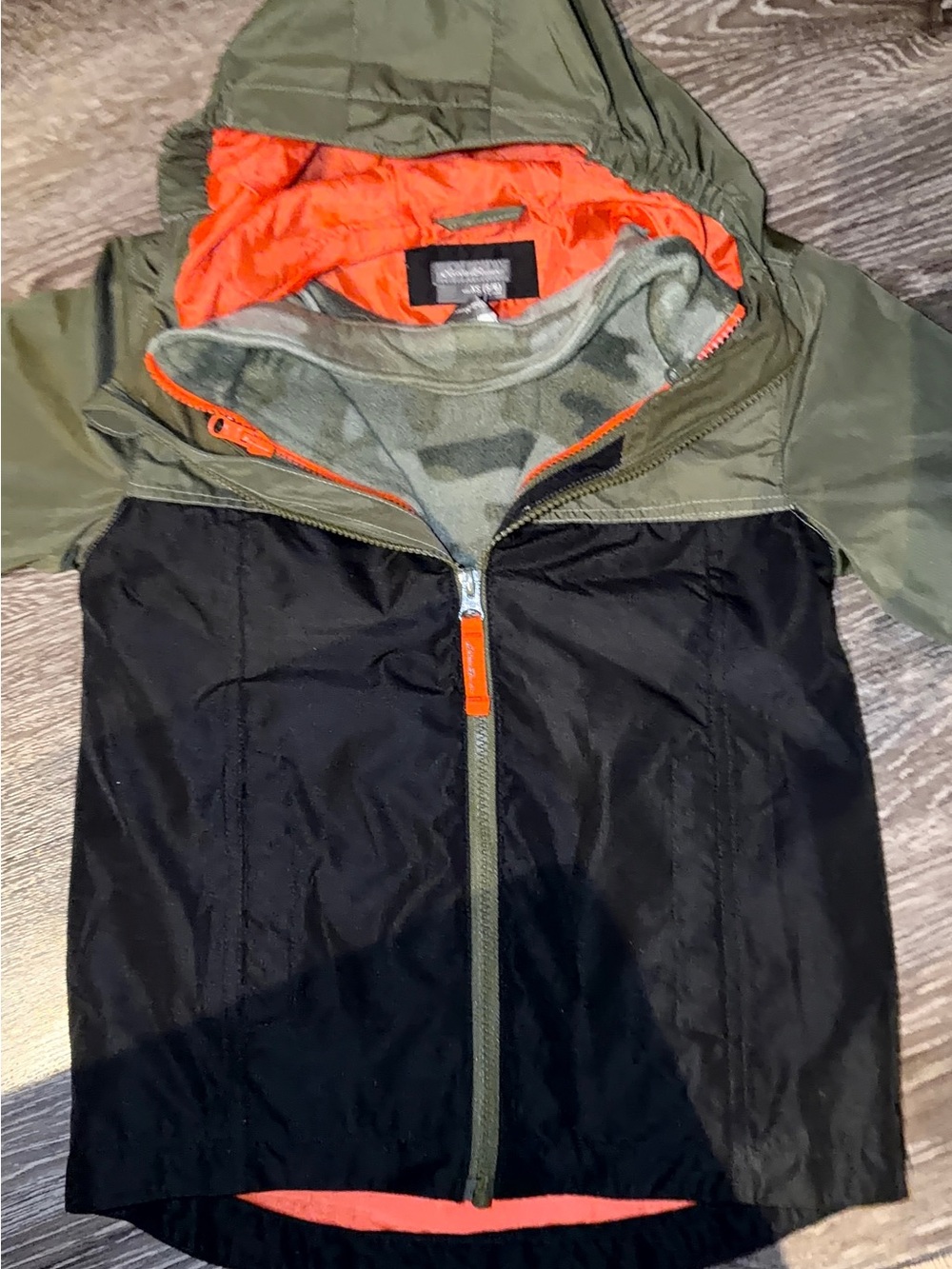 Eddie Bauer 2 in 1  Two-Tone Hooded Jacket - Olive Green & Black with Orange 5/6